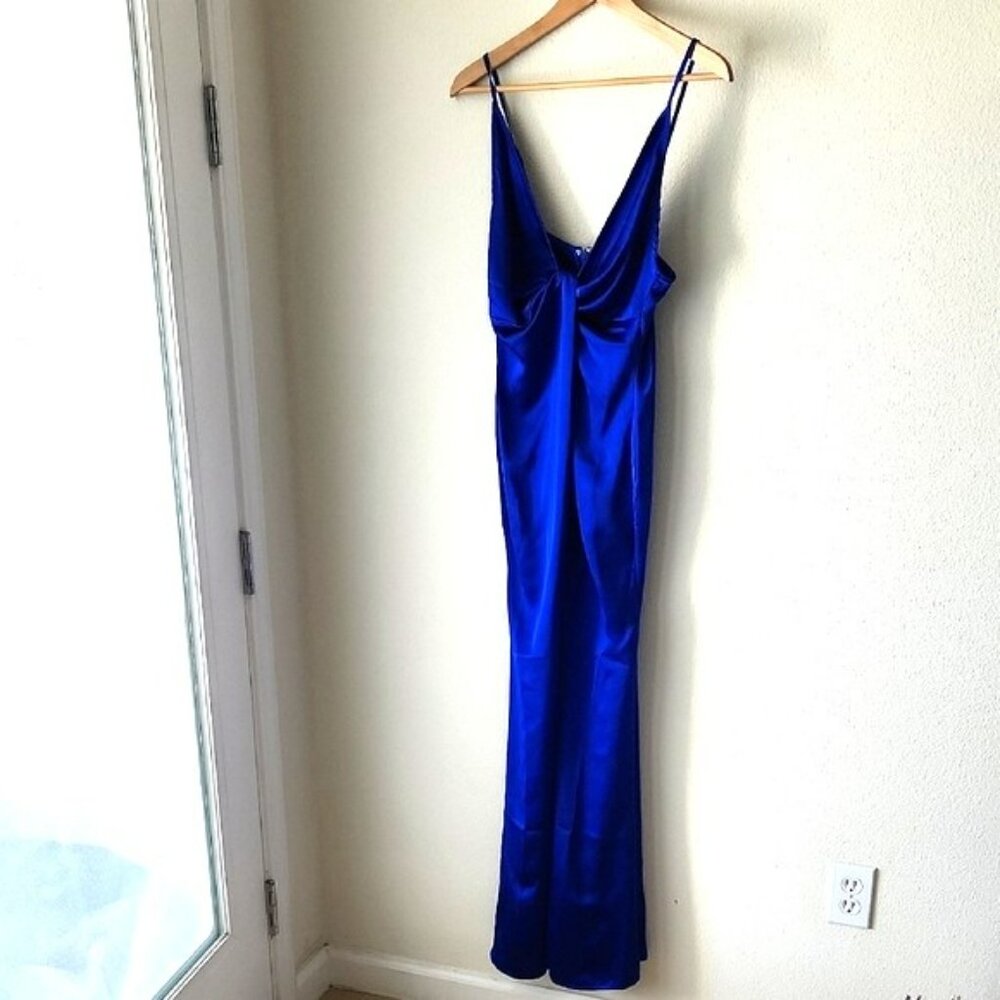 Forever 21 Royal Blue Maxi Slip Sheath Dress Cami Straps High Slit Sz L NWT